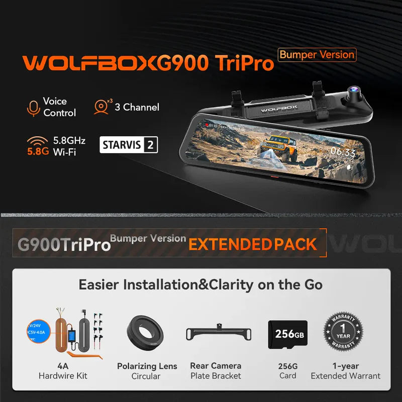 WOLFBOX G900 TriPro Bumper Version 3 Channel Rearview Mirror (Included Hardwire Kit)