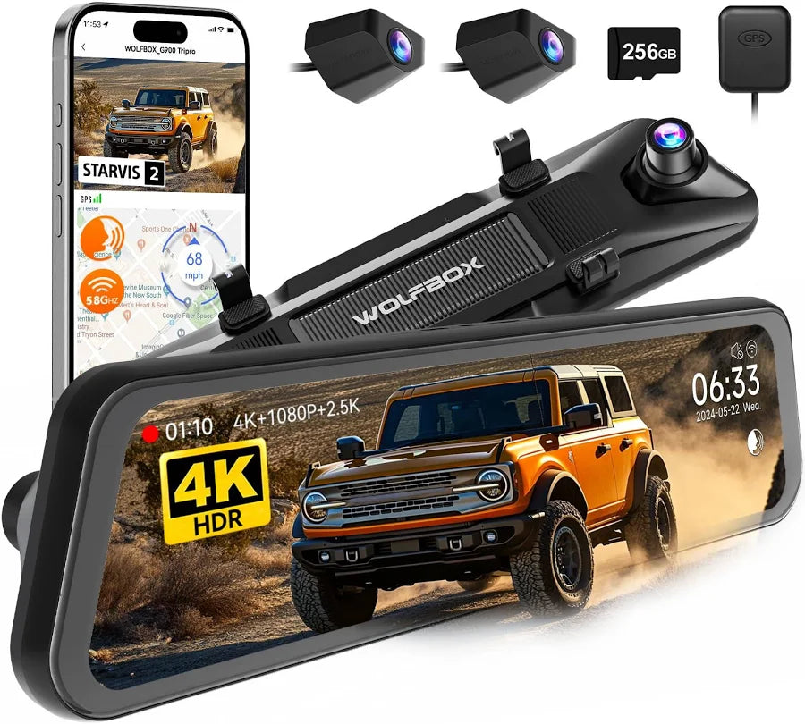 WOLFBOX G900 TriPro Bumper Version 3 Channel Rearview Mirror (Included Hardwire Kit)